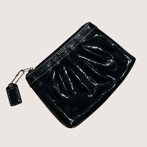 Coach Black Glossy Coated Signature Embossed Zip Pouch Purse Wallet